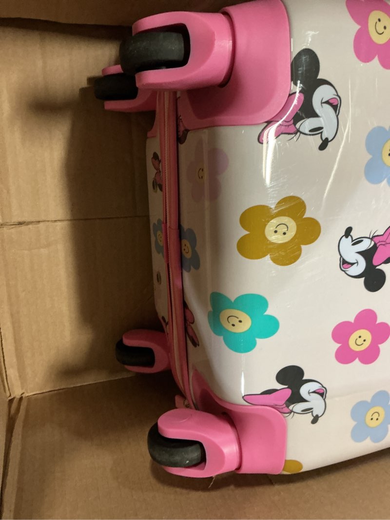 Condition photo showing As Is for american tourister minnie mouse carry-on luggage - airline approved, durable hardshell with vibrant minnie mouse design - roll confidentially with spinner wheels & colorful adjustable handle