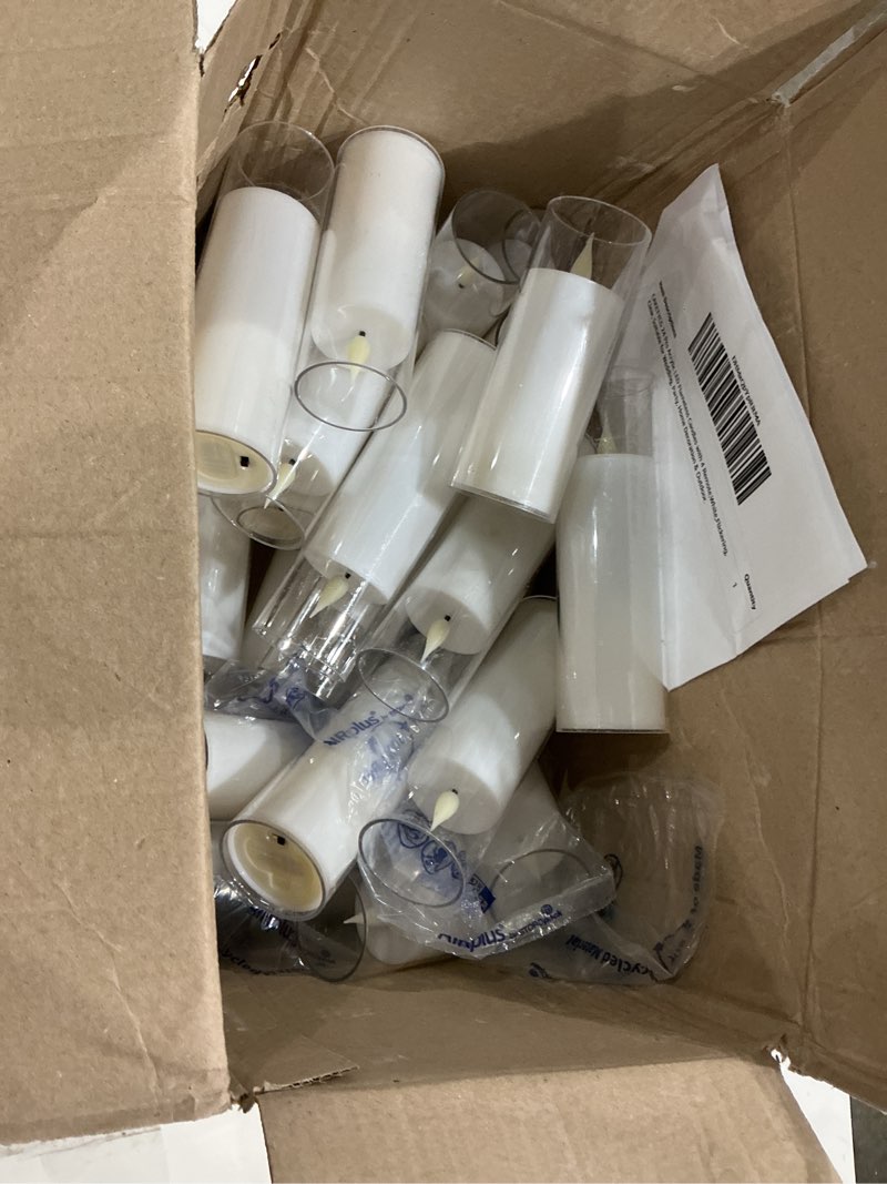 Condition photo showing As Is for 24 pcs acrylic led flameless candles with 4 remote,white,flickering, clear, suitable for wedding, party, home decoration & outdoor.