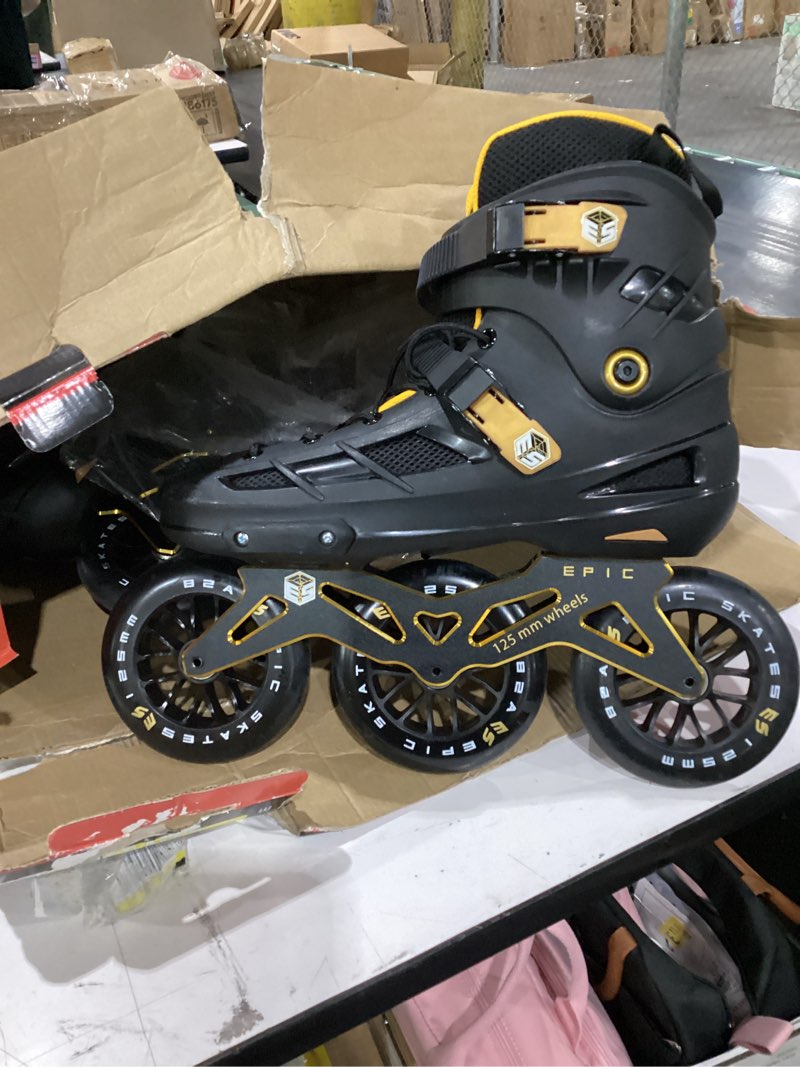 Condition photo showing As Is for epic skates 125mm engage 3-wheel inline speed skates black/gold eu 44/us 12