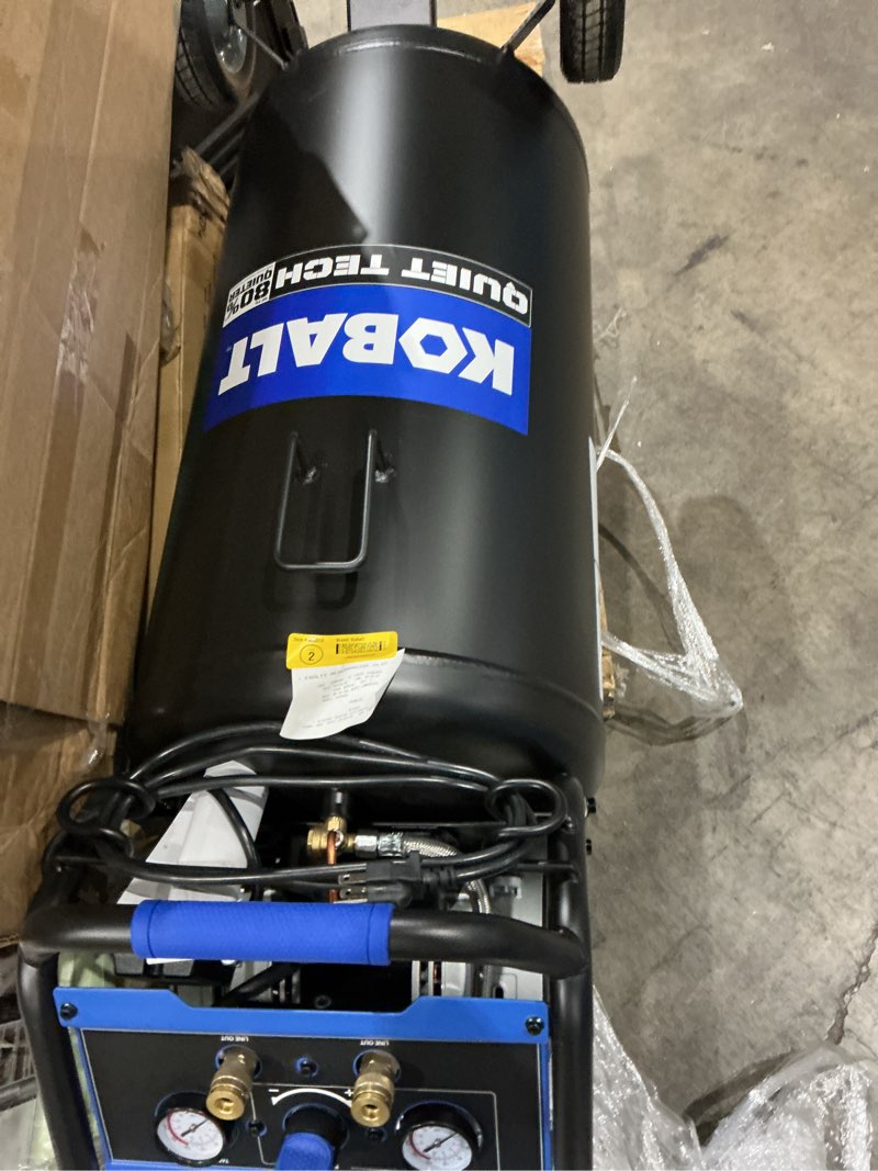 Condition photo showing As Is for kobalt quiet tech 26-gallon portable electric 150 psi vertical air compressor