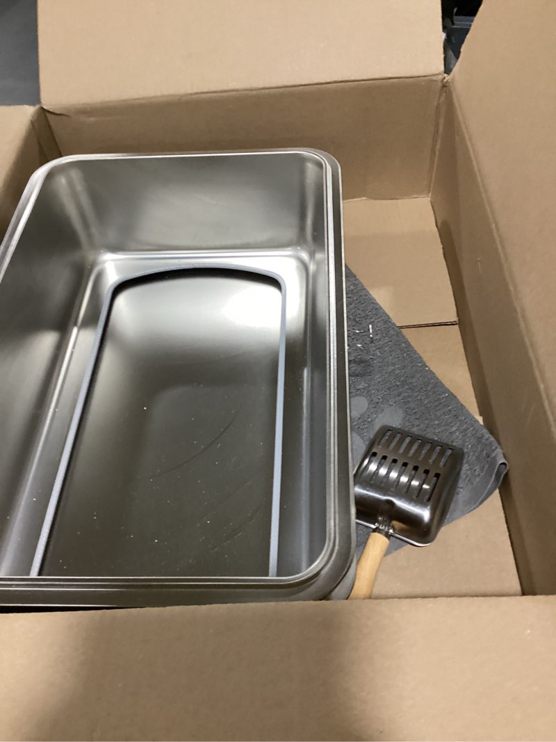 Condition photo showing As Is for XL All Stainless Steel Sifting Litter Box with Lid,Sifting Cat Litter Box for Wood Pine Pellets,High Sides Sifter Litter Pan System,Odor Control,Easy to Clean,with Liners and Scoop XL:23.6''L*15.7''W*12''H