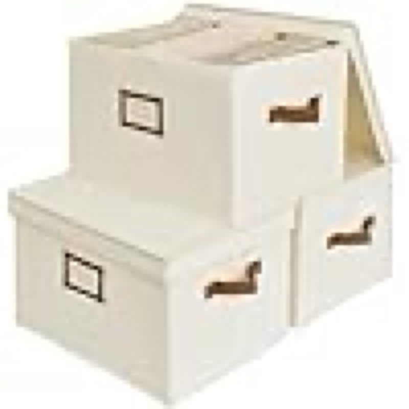storageworks storage bins with lids, decorative storage boxes with lid and pu handles, foldable storage baskets for closet, shelves, stackable, ivory, jumbo