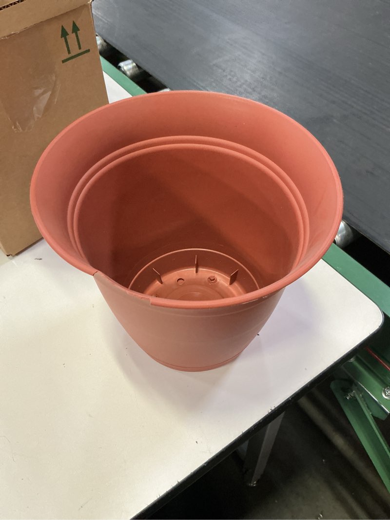 Condition photo showing As Is for the hc companies eclipse round planter with saucer - outdoor & indoor plant pot with drainage holes - lightweight, uv-resistant plastic pots for plants, flowers & herbs (10" clay, pack of 1)