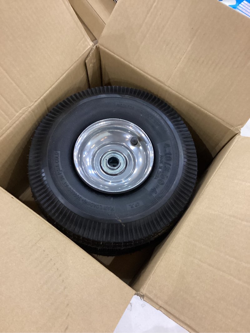 Condition photo showing As Is for RRQ 10 Inch Pneumatic Wheel 4.10/3.50-4 Tire, 10" Pneumatic Wheels with 5/8" Bearings,2.2" Offset Hub for Garden Cart, Hand Truck, Lawn Cart, Mower (2 Pack)
