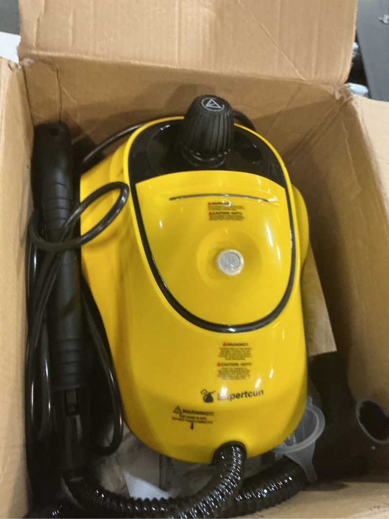 Condition photo showing As Is for heavy duty steam cleaner, 1500w high-temperature mop with 26 accessories, 1.4l portable tank, chemical-free cleaning for floors, tiles, cars & more, child lock for safety, easy operation yellow and black