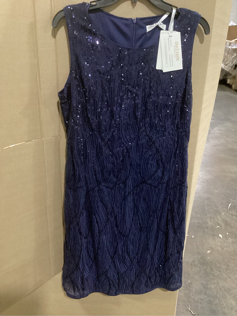Condition photo showing New/Like New for grace karin women's sequin dress wedding guest dresses mother of the bride dresses formal dress two piece dress knee length large navy blue