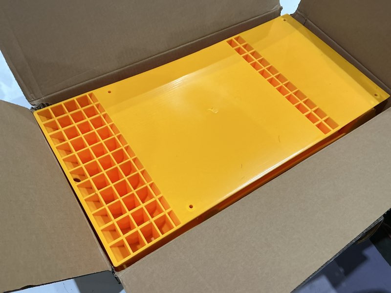 Condition photo showing Good Condition for 2 pack parking mats for garage floors, 21.6" x 11" x 1.9" heavy duty garage car parking mat with high visibility, wheel stops for car truck indoor outdoor, yellow