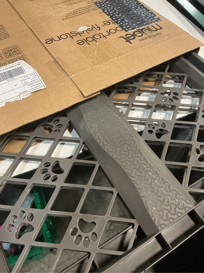 Condition photo showing New/Like New for mypet paws portable pet gate: 26-40" wide expandable, pressure mounted no tools needed, durable dog gate for doorways, made in usa, 23" tall, fieldstone gray