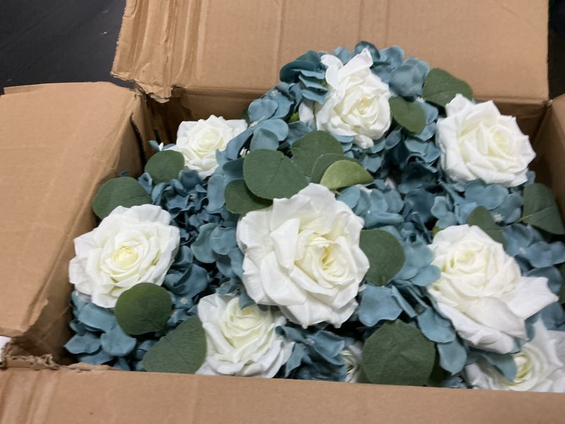 Condition photo showing Good Condition for artificial flower candle rings - 6 inch inner rose floral wreaths with butterflies for wedding bridal event table centerpieces backdrop decorations (dusty blue & white, 6 x candle rings) dusty blue & white 6 x candle rings