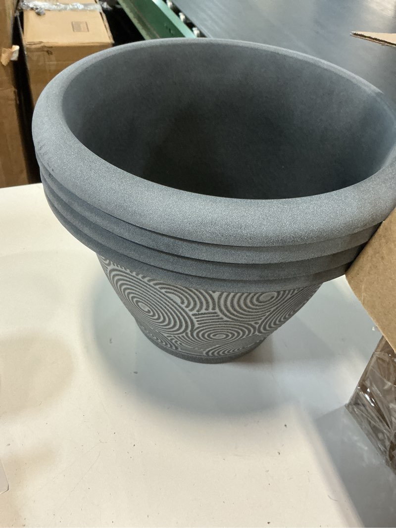 Condition photo showing As Is for fodetyff 12 inch large planter pot for plants indoor outdoor, 4 pack plastic flower pots with drainage hole & tray, modern decorative garden pot with saucer, plant container for house blue 12 inch-4 pack