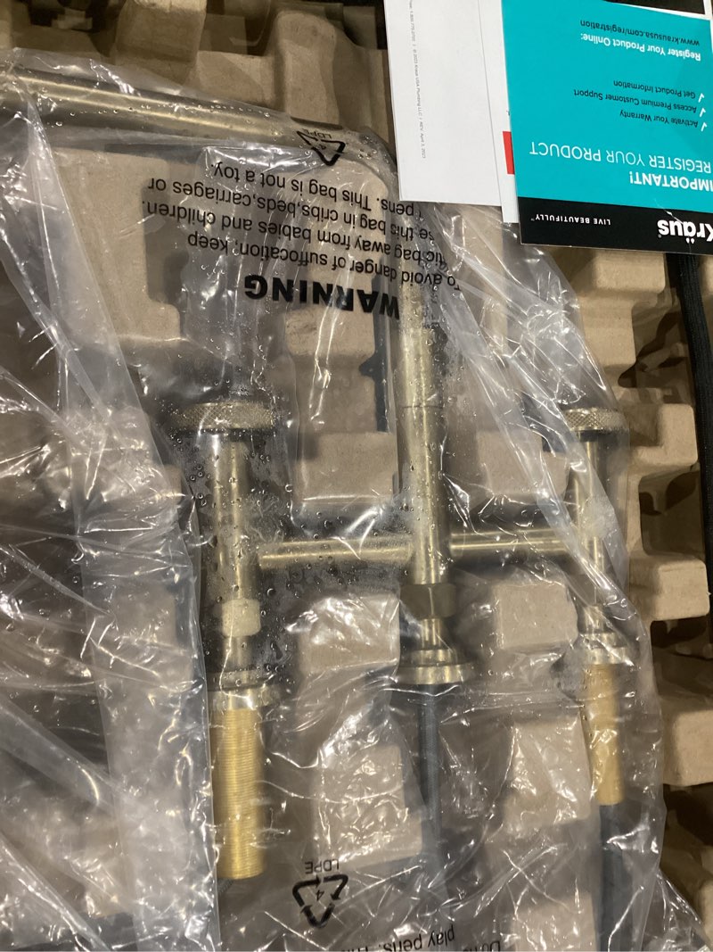 Condition photo showing As Is for kraus urbix industrial bridge kitchen faucet with side sprayer in brushed gold, kpf-3125bg
