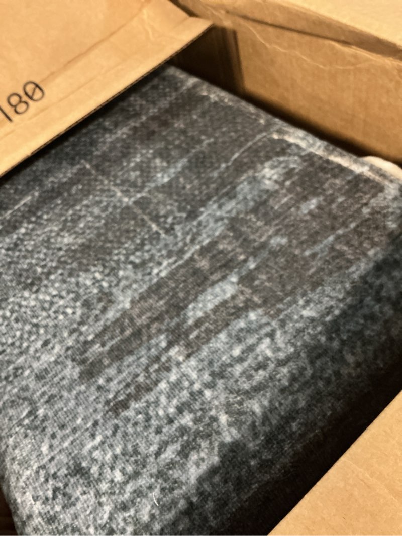 Condition photo showing As Is for modern geometric patchwork indoor area rug for living room, blue-taupe 6'x 9' large rug rockwood collection hardwood floors decor for bedroom, blue throw carpet for office entryway dining room 6 x 9 feet blue-taupe