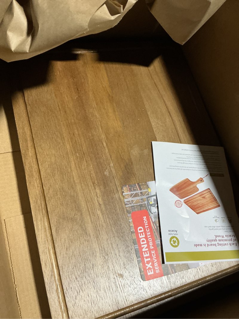 Condition photo showing Good Condition for 20 Inch Large Acacia Wood Cutting Board 1.5" Thick, Reversible Wooden Cutting Board for Kitchen, Charcuterie Board Cheese Board with Deep Groove, Chopping Board for Meat, Vegetables, Fruit 20"L x 15"W