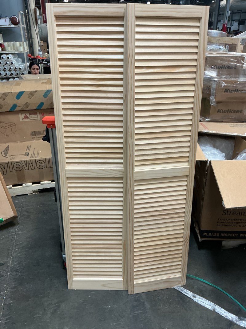 Condition photo showing New/Like New for ltl home products shl39 exterior solid wood louvered window shutters, 15" x 39", unfinished pine