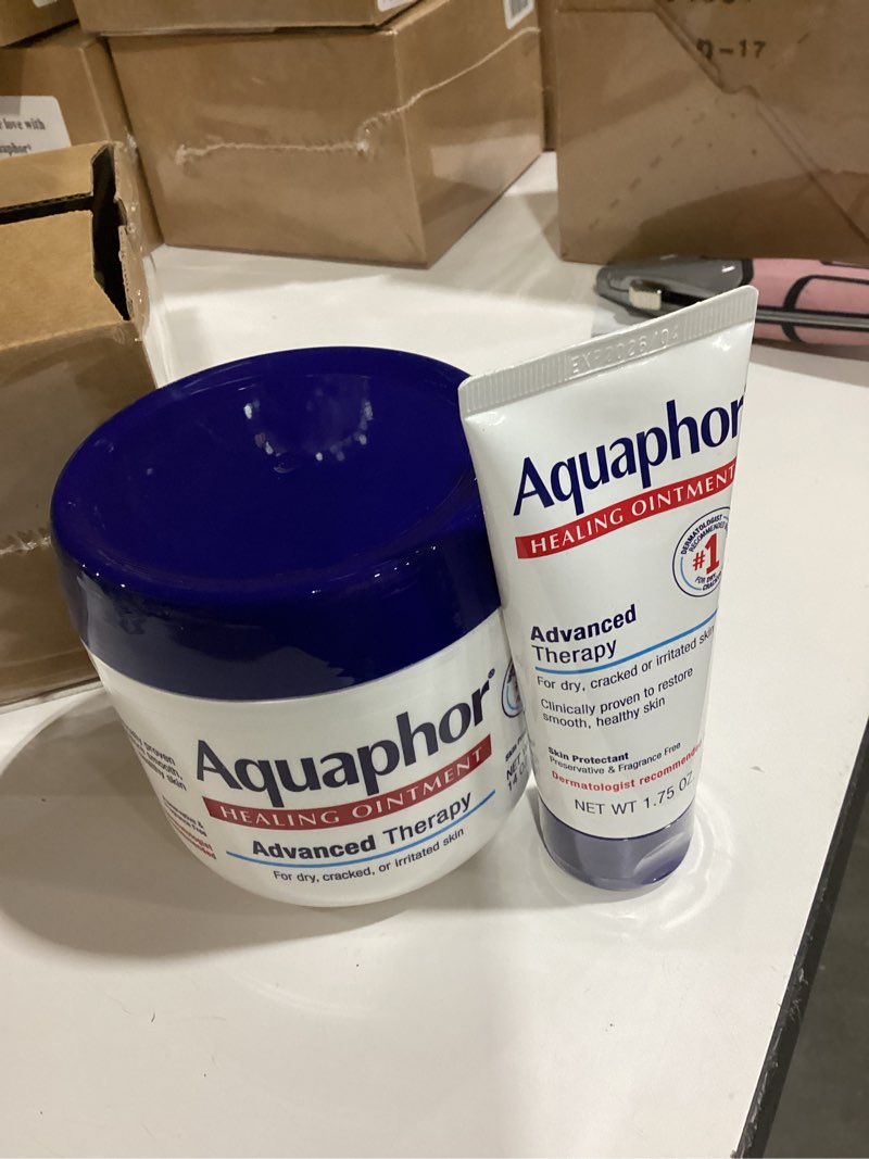 Condition photo showing As Is for aquaphor healing ointment advanced therapy skin protectant skin care set, body moisturizer for dry skin, minor cuts and burns, dry cuticles, cracked heels, hands and lips, 14 oz jar + 1.75 oz tube 14 ounce jar + 1.75 ounce tube