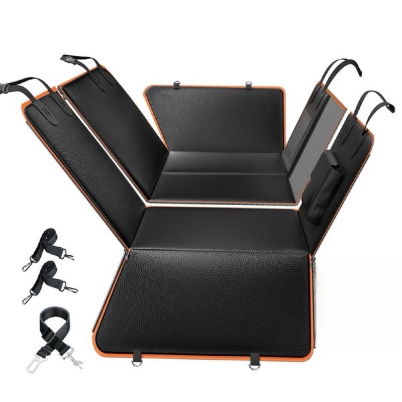 6-in-1 Leather Dog BackSeat Extender, Hard Bottom 40/60 Split Waterproof Car Back/Front Seat Cover, Rear Hammock Carseat Protector, Large Size Pet Mat for SUV/Truck/Cargo, Vehicle Bed Travel Accessory