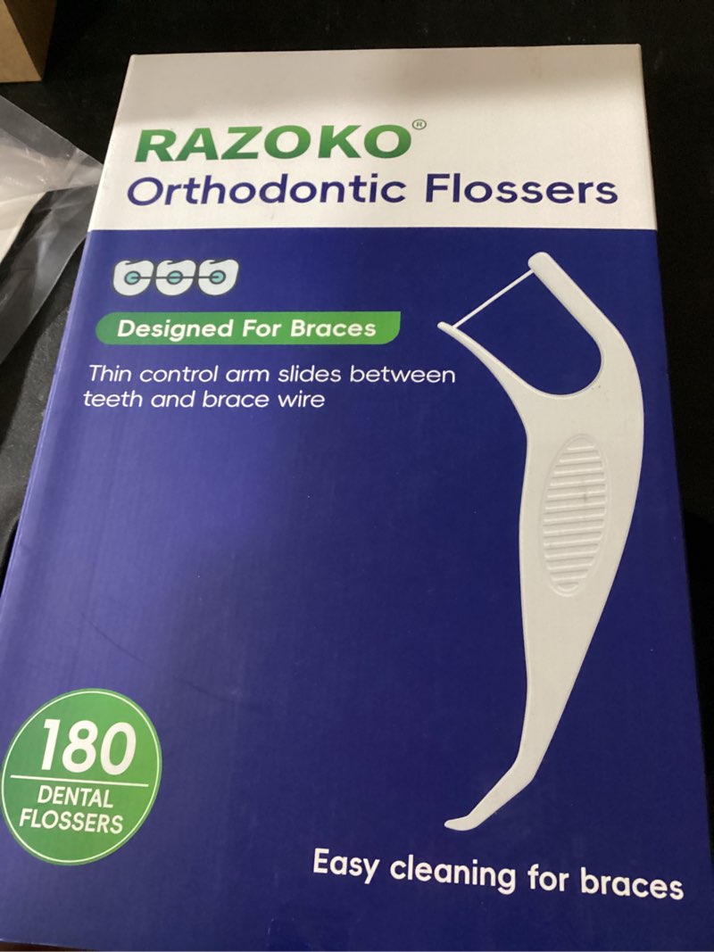 Condition photo showing New/Like New for razoko orthodontic flossers for braces, ortho dental floss picks for adults & kids, premium thin floss,designed for braces, unflavored 180 count 60 count (pack of 3)