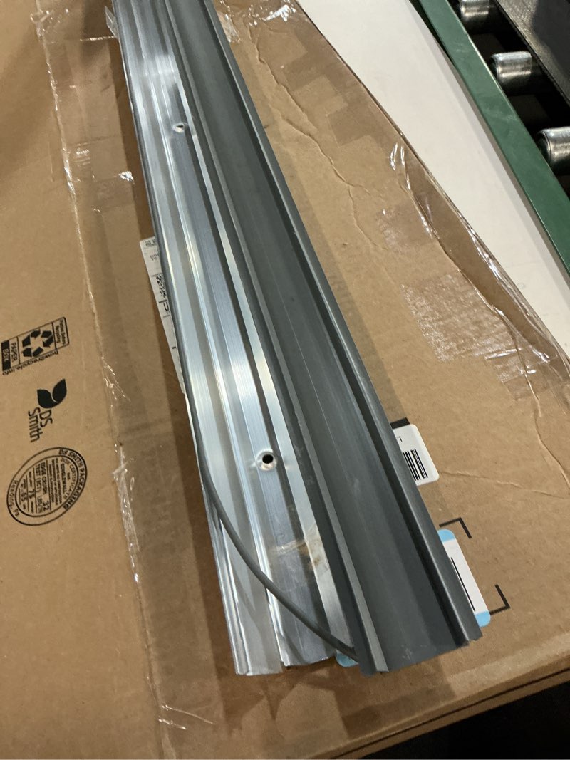 Condition photo showing As Is for M-D Building Products 08029 3-3/4 in. x 1-1/8 in. x 36 in. Silver Aluminum and Vinyl Heavy-Duty High-Profile Threshold Silver 36 in.