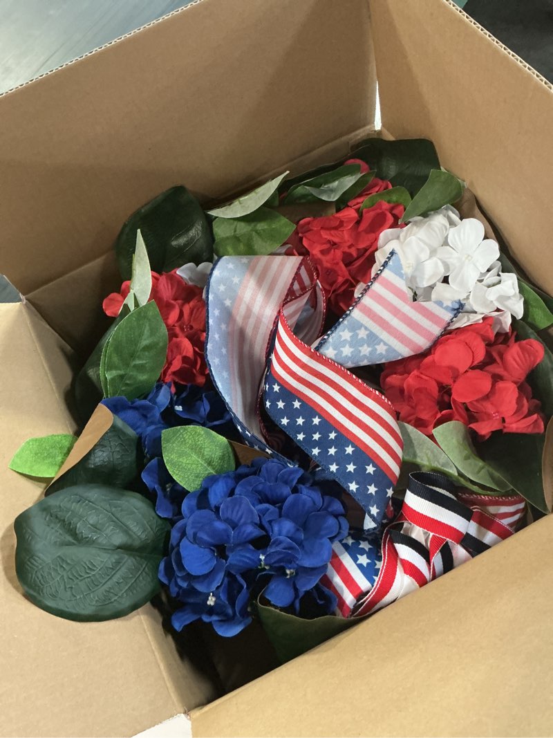 Condition photo showing New/Like New for 20 inch patriotic front door wreath for july 4th independence day and memorial day, artificial red white blue hydrangea wreath with usa flag-themed long bow