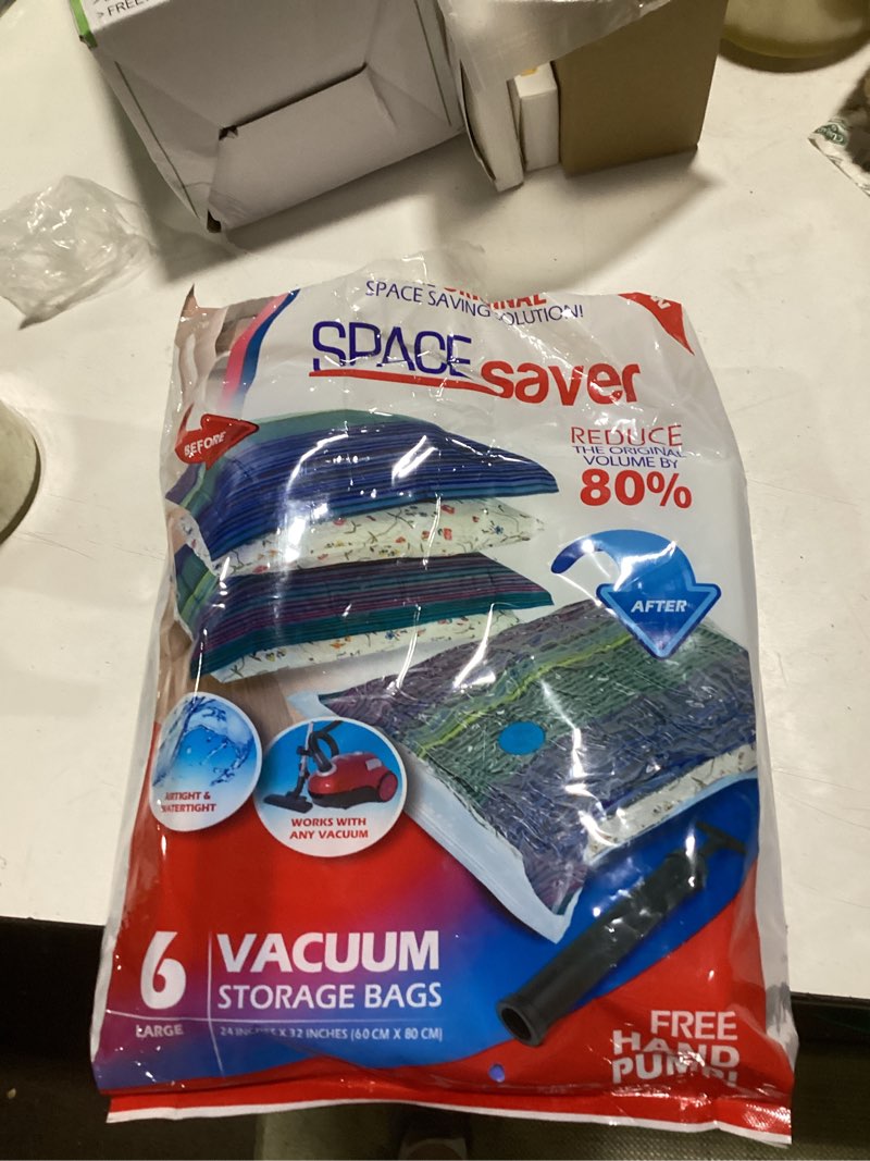 Condition photo showing Good Condition for 6 pack small vacuum storage bags for comforters, blankets & clothes – vacuum sealed compression bags with hand pump – space saver storage bags for bedding, moving, travel & organization 6 small bags