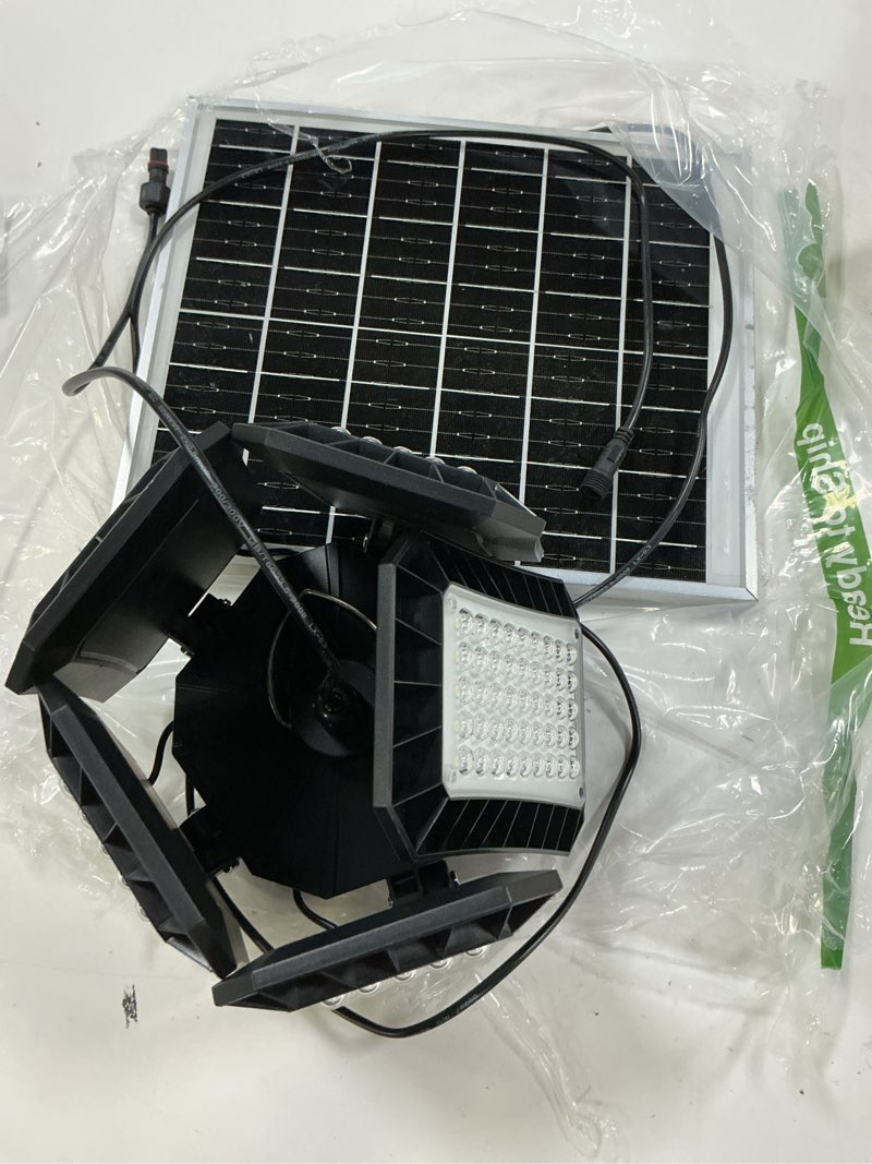 Condition photo showing As Is for solar shed light indoor outdoor, upgrade large 267led solar powered motion sensor pendant light works day & night, solar indoor light with 2 lighting modes + timer & remote for shed gazebo garage barn