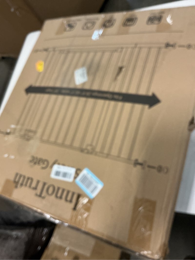 Condition photo showing New/Like New for InnoTruth 28.9-42.1" Wide Baby Gate for Stairs & Doorways, 30" Tall Pressure Mounted Dog Gates for Stairs Expandable One-Hand Open, Easy Step Walk Through Dual Lock Metal Pet Gates for Dogs, White White 28.9-42.1" W x 30" H