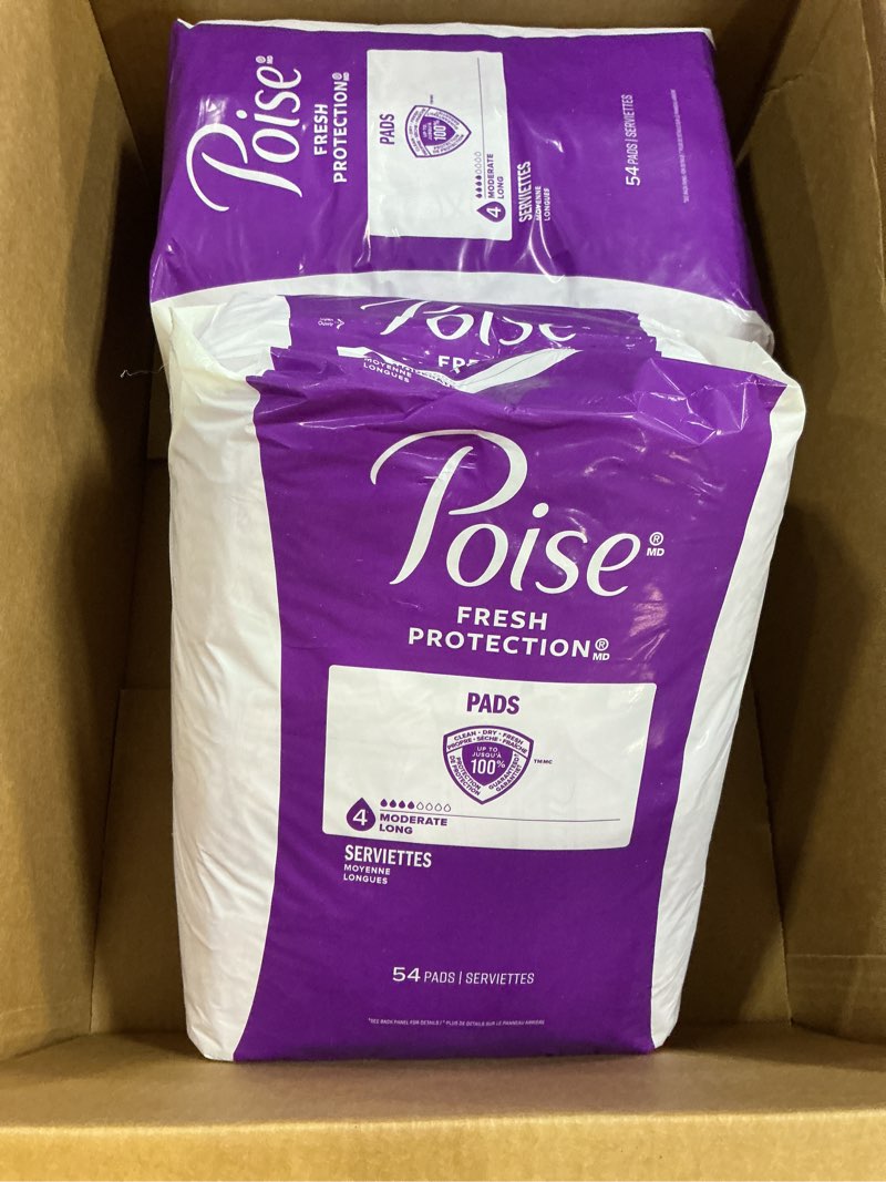 Condition photo showing New/Like New for poise incontinence & postpartum pads for bladder leaks, 4 drop moderate absorbency, long length, 108 count, packaging may vary long 108