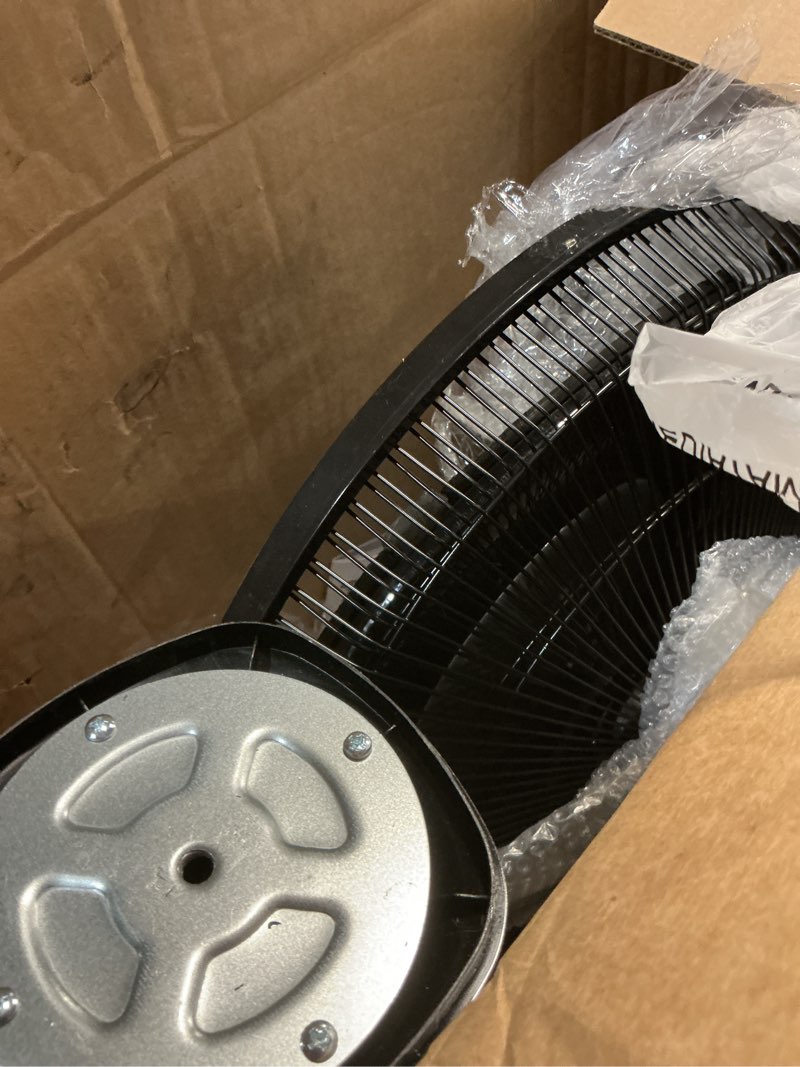 Condition photo showing As Is for amazon basics 16" pedestal fan with remote for bedroom, living room, office, adjustable height, dual-layered blades, 3 speeds, 3 modes, timer, tilt head, 60w, black 3-speed, ac motor
