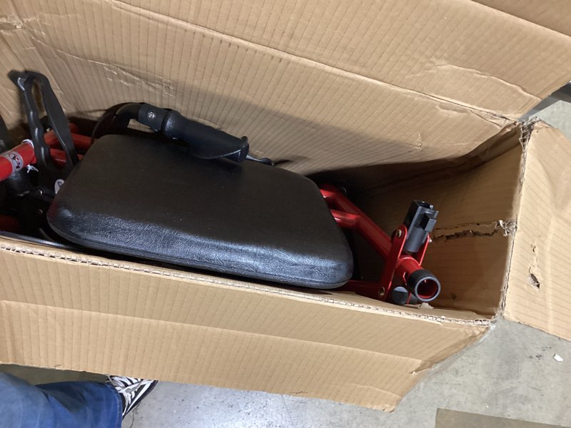 Condition photo showing As Is for drive medical rollator walker with seat - stable mobility support - height adjustable - durable steel frame construction - smooth 7.5" wheels - foldable frame - 350 lb limit - red
