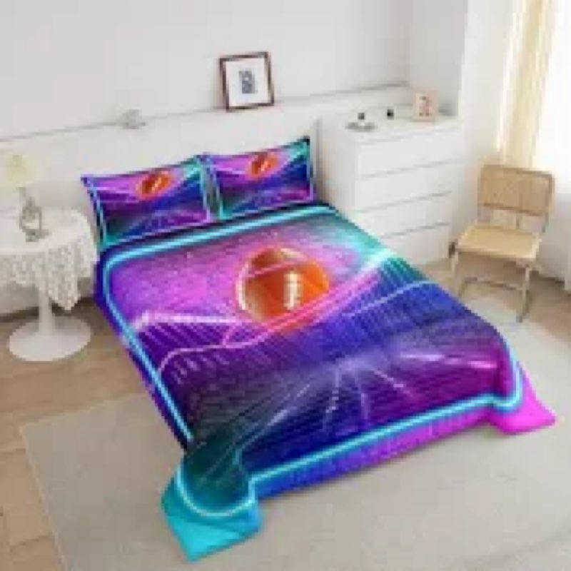 Peopleareok Football Comforter Set Queen (90x90 Inch), Purple Blue Football Theme Comforter, 3 Piece