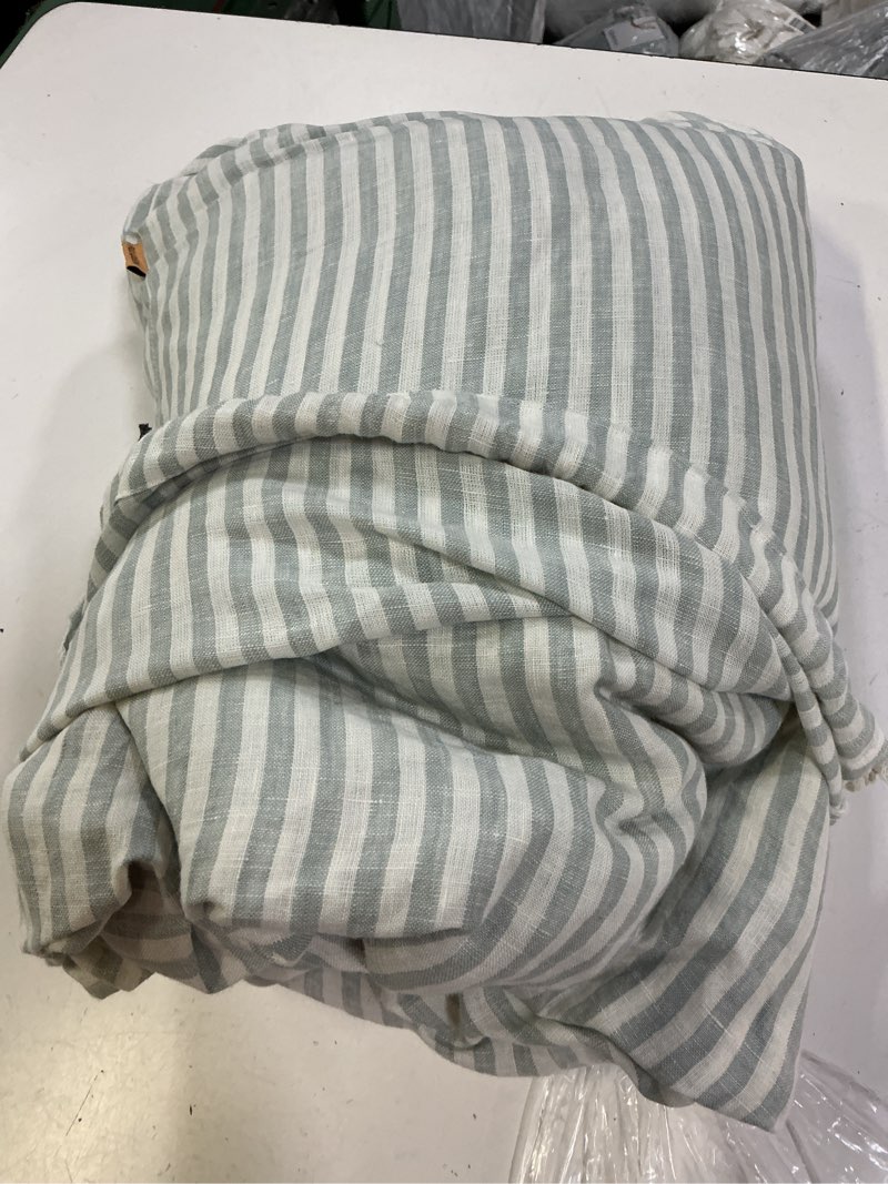 Condition photo showing New/Like New for european linen stripe duvet cover, full/queen, mist/white stripe