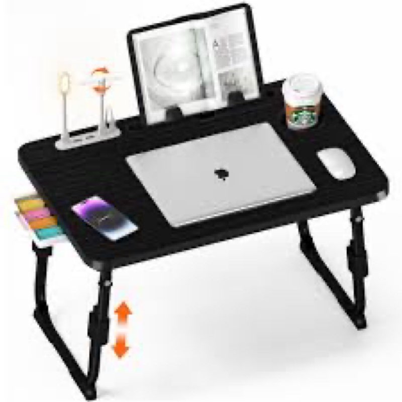 laptop desk for bed lap desk with led desk light, adjustable tablet bed table with foldable legs storage drawer, breakfast serving tray folding laptop stand reading holder for sofa couch floor (black) black height adjustable