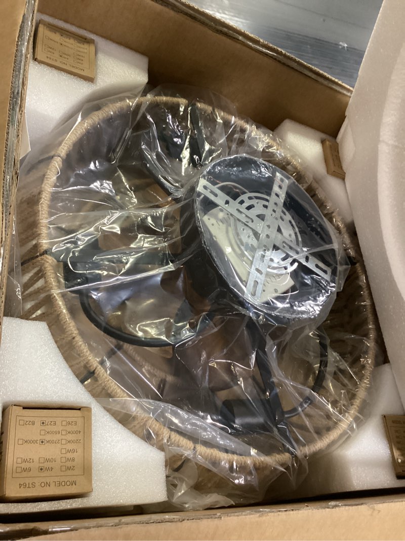Condition photo showing New/Like New for 20" Caged Ceiling Fans with Lights and Remote, Boho Flush Mount Ceiling Fan with Light, Low Profile Chandelier 6 Speed Bladeless Reversible Ceiling Fan w/ 4 Bulbs. for Living Room Bedroom.