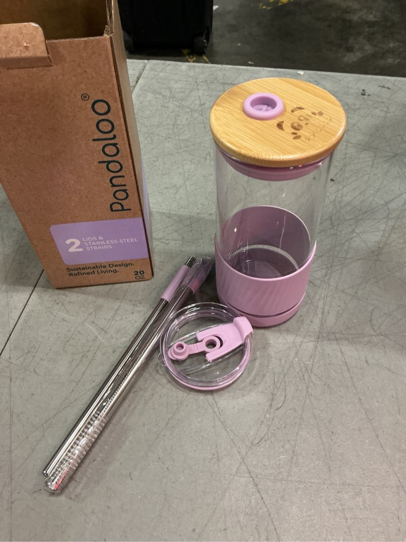 Condition photo showing New/Like New for pandaloo® glass cups with lids and straws -20 fl oz- perfect size iced coffee cup - smoothie cup with bamboo lid and on the go lid - glass tumbler with straw (1 count (pack of 1), lilac rhapsody) lilac rhapsody 20 ounces