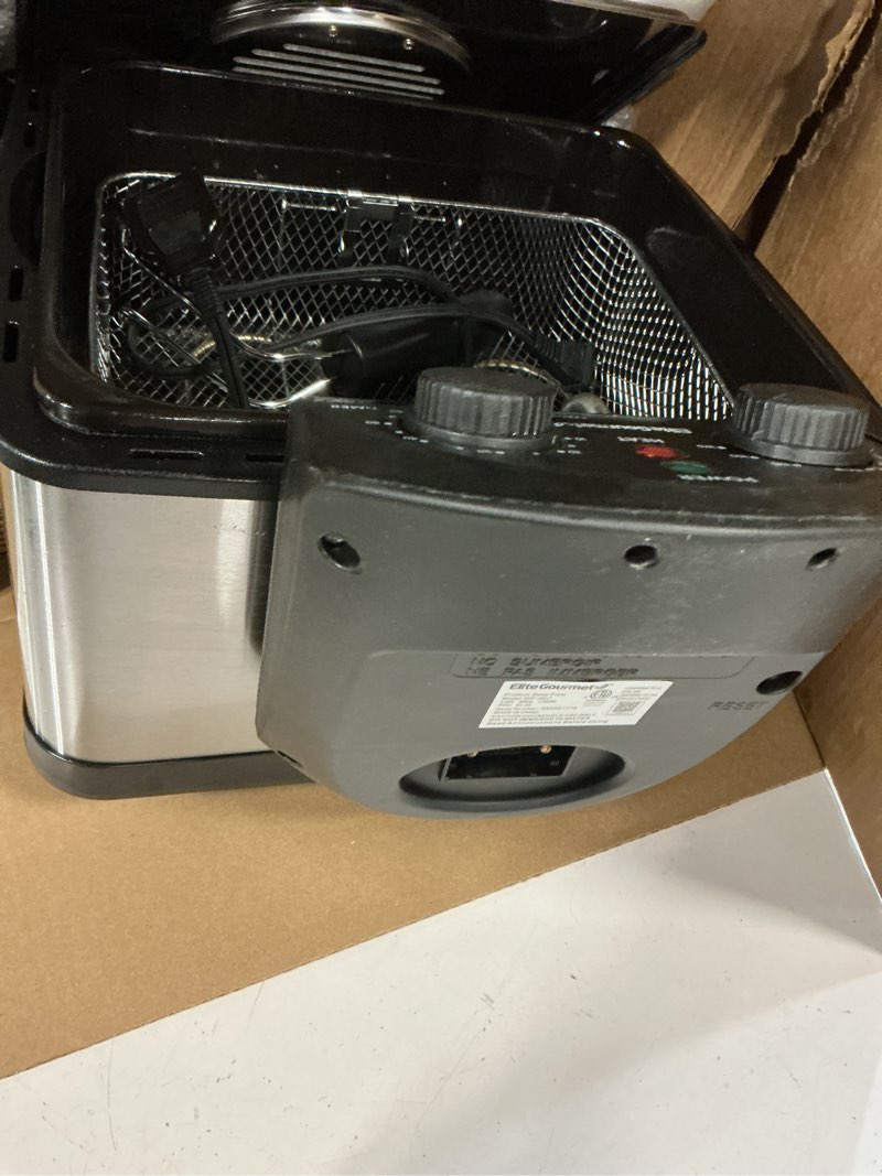 Condition photo showing As Is for elite gourmet edf-401t electric 4.5 qt. / 17 cup immersion deep fryer 3-baskets, 1700-watt, timer control adjustable temperature, lid with viewing window and odor free filter 3 baskets stainless steel and black
