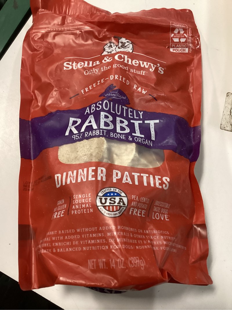 Condition photo showing Good Condition for (Best By Aug 2025) Stella & Chewy's Freeze-Dried Raw Dinner Patties - Absolutely Rabbit Recipe - High Protein Grain-Free Puppy & Dog Food - Perfect For Picky Eaters - 14 oz Absolutely Rabbit 14 Ounce (Pack of 1)
