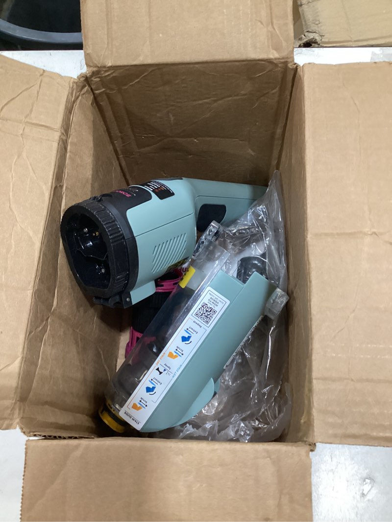 Condition photo showing As Is for shark stainforce cordless spot cleaner, dual-activated easy spray formula, oxy-powered stain cleaning, indoor + outdoor, carpets, upholstery, car seats & stairs, pet urine & odor remover, hx101 stainforce cordless stain system (sage green)
