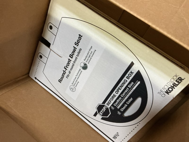 Condition photo showing As Is for KOHLER 4639-RL-0 Cachet ReadyLatch Round Toilet Seat Soft Close, White White Round Ready Latch