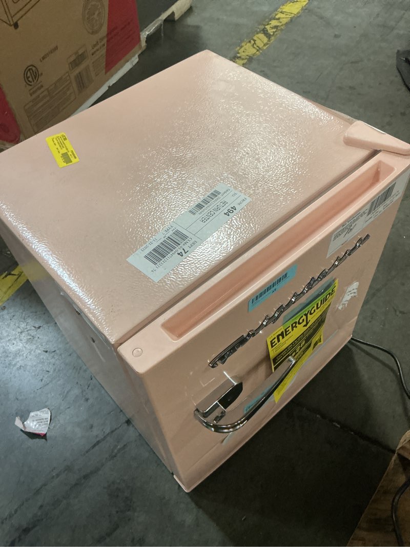 Condition photo showing As Is for Frigidaire 1.6 Cu ft Retro Fridge with Side Bottle Opener