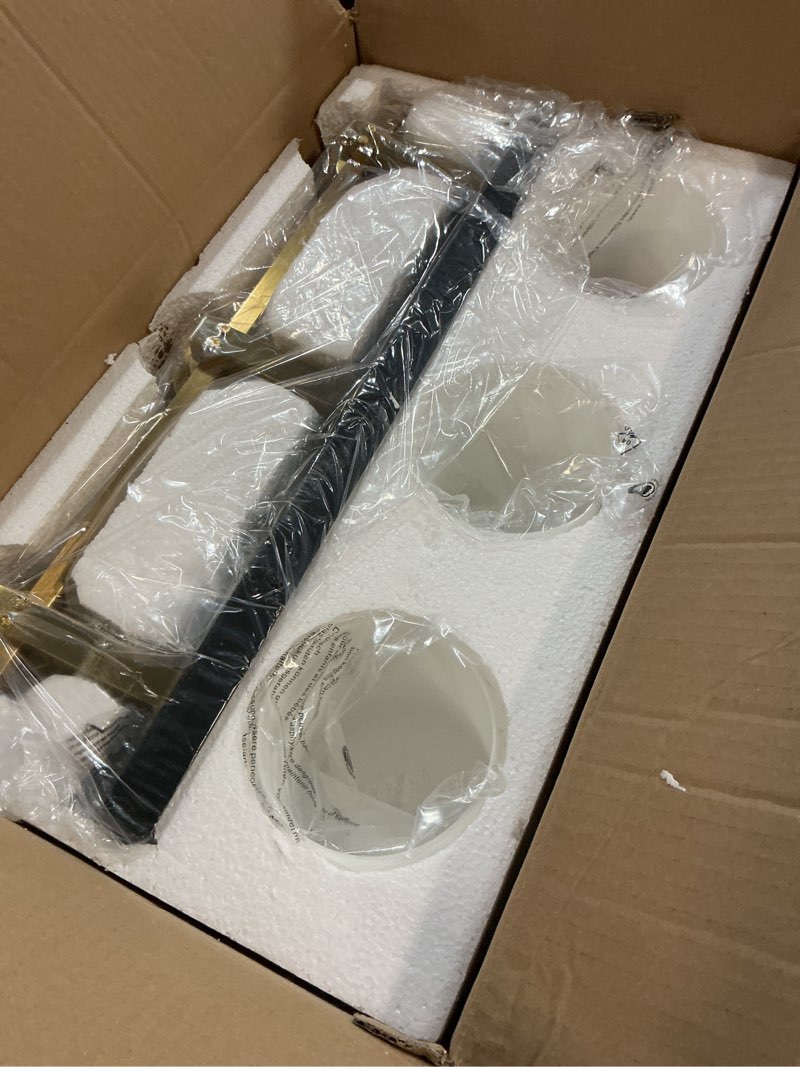 Condition photo showing Good Condition for 3 light modern bathroom light fixtures over mirror, black gold vanity lights for bathroom wall sconces with milky white glass shades, e26 socket (bulbs not included) black gold - milky white glass shades 3-lights