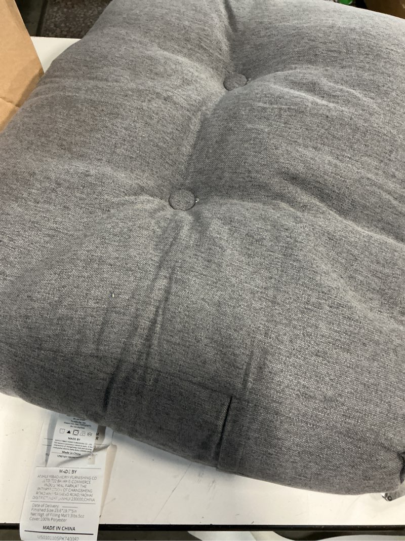 Condition photo showing Good Condition for pallet cushion grey 23.6 x 19.7 x 5 inches, rectangular polyester seat pad for outdoor patio furniture, garden bench and indoor living room seating