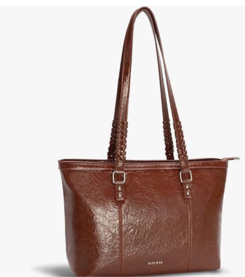 Tote Bag for Women Large Vegan Leather Shoulder Bag Casual Top Handle Hobo Handbag Work Travel Weekender Bags Brown Tote