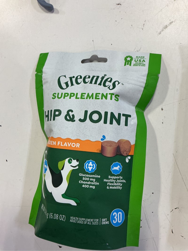 Condition photo showing New/Like New for bb 2/27/25 greenies hip and joint supplements for dogs, chicken flavor, 6.08 oz, 30-count soft chews