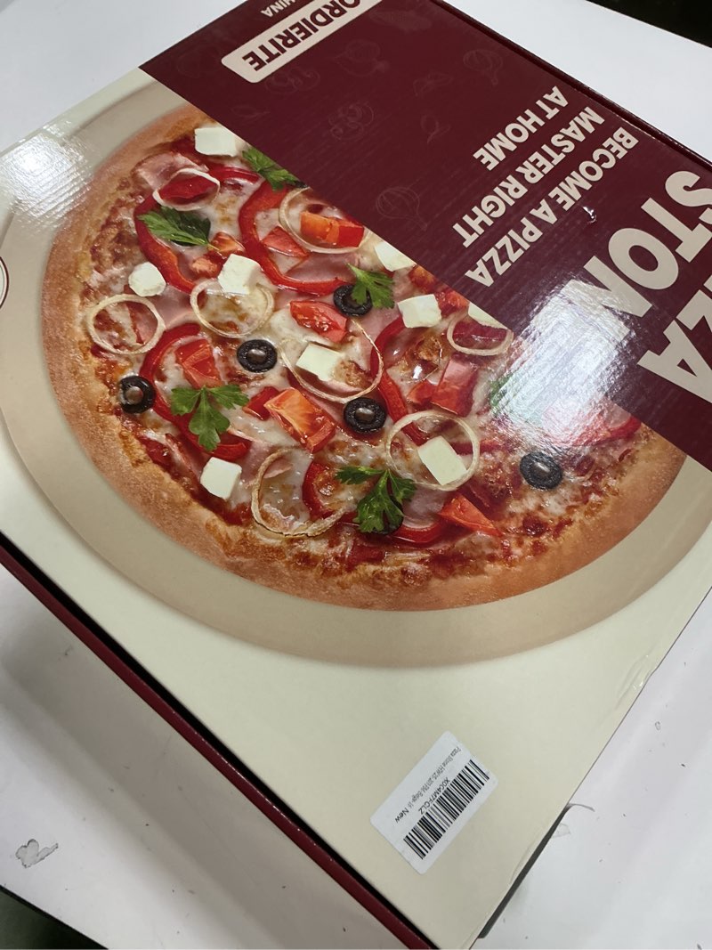 Condition photo showing Good Condition for Round Pizza Stone for Grill and Oven- 16 inch Baking Stone Heavy-Duty Cordierite Pizza Stone for Bread, Cookies, Heat Proof BBQ Grilling Cooking Stone for Making Crisp Crust Pizza (Beige) Beige 16"x 16"