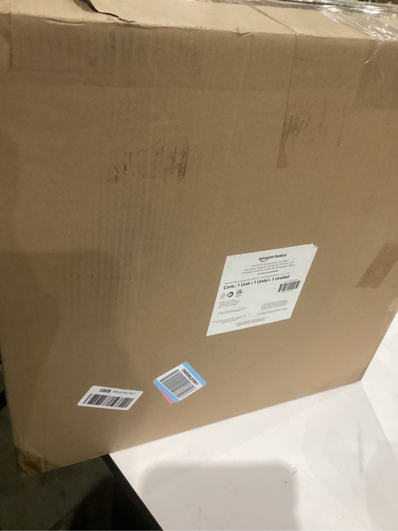 Condition photo showing New/Like New for amazon basics 20" high velocity industrial fan, floor fan, with 3 speeds, tilt head, etl-listed safety compliance, metal housing/blades, ideal for industrial/commercial space/garage/gym, 125w, black