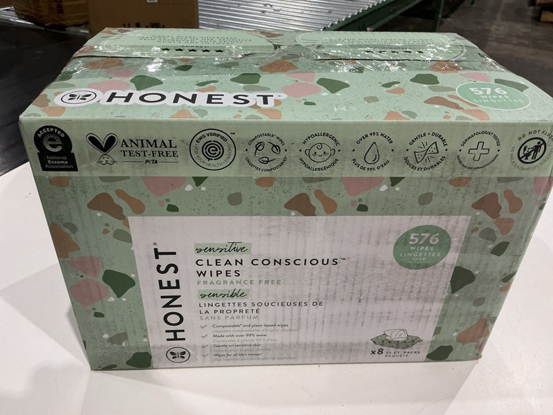 Condition photo showing New/Like New for the honest company baby wipes for sensitive skin, hypoallergenic, fragrance-free, multi-use, geo mood design, 576 count (6 packs of 96) geo mood 72 count (pack of 8)