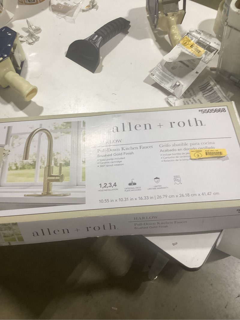 allen + roth harlow simplefit brushed gold single handle deck-mount pull-down kitchen faucet with sprayer (includes deck plate) (includes soap dispenser)