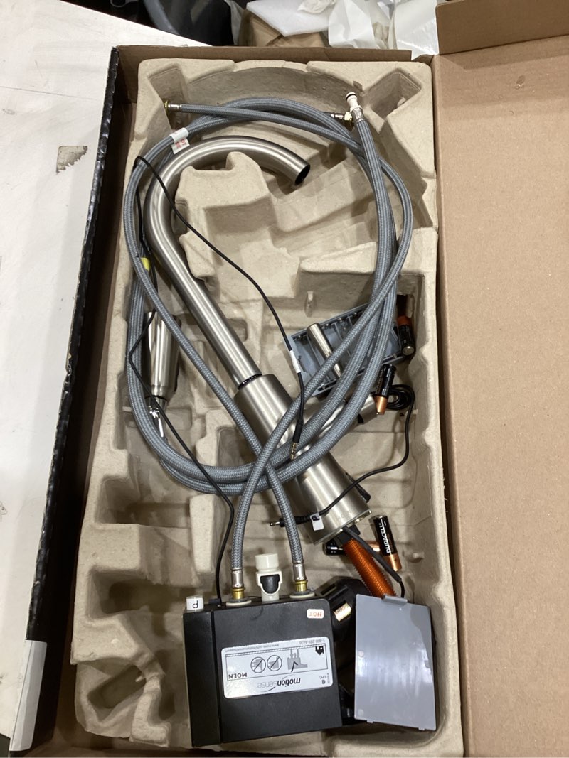 Condition photo showing As Is for moen riley spot resist stainless hands-free touchless sensor single handle pull down kitchen faucet, 7402ewsrs wave sensor spot resist stainless
