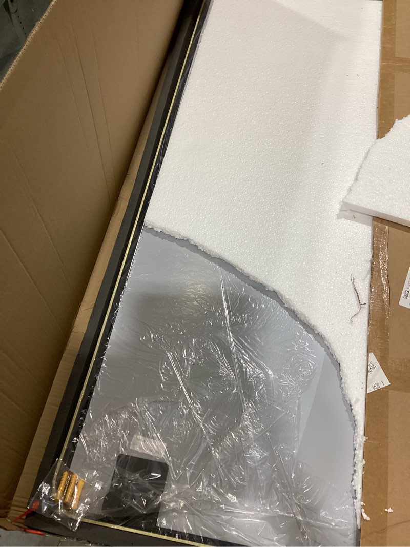 Condition photo showing New/Like New for newbulig 32x48 inch bathroom mirror for over sink, wall vanity mirrors tempered glass, anti-rust metal framed rounded rectangle, hangs horizontally or vertically, farmhouse home decor, gold gold-rect 32"l x 48"w