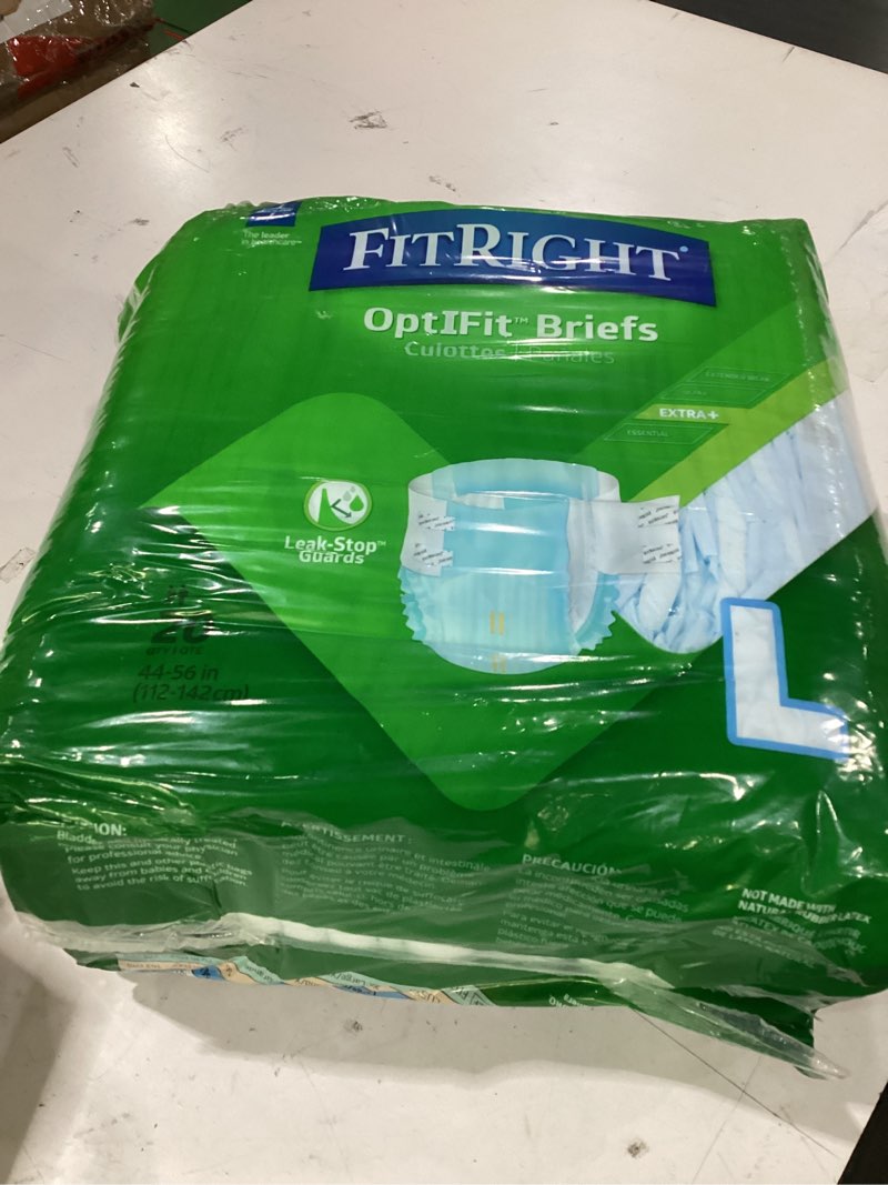 Condition photo showing New/Like New for fitright adult diapers, extra+ heavy absorbency, l (waist size 44in-56in), 80 count, optifit incontinence briefs for men and women, disposable, moisture-wicking, leak protection. 80 count large